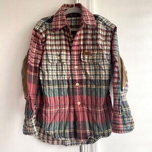 Polo Ralph Lauren Plaid Flannel Button Down With Brown Elbow Patches Wool blend